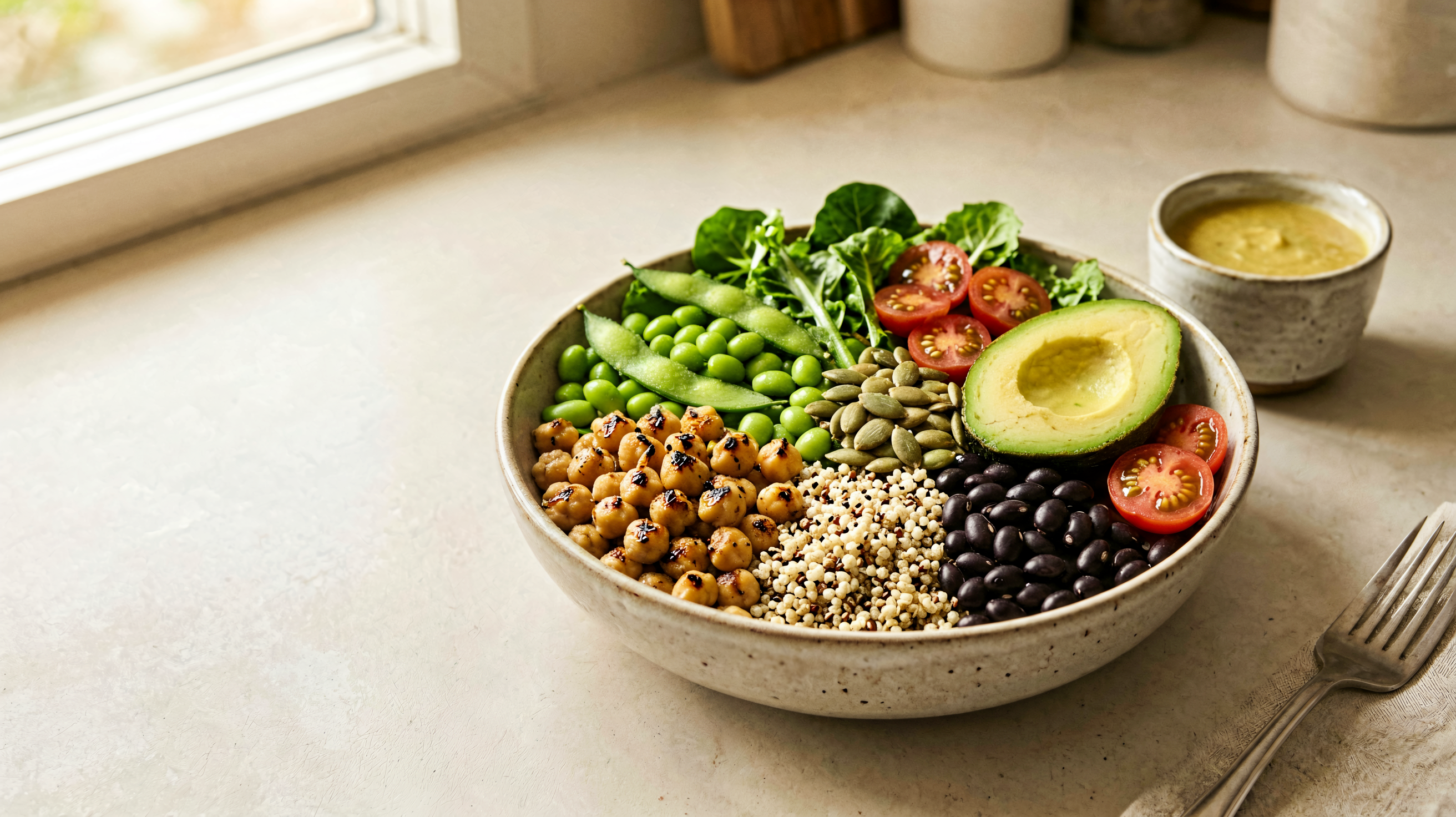 Protein-rich high-fiber vegan bowl with quinoa, edamame, beans, greens, and roasted vegetables