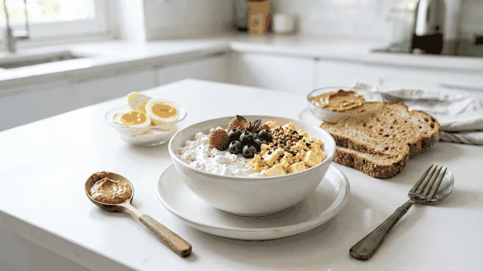 An egg-free high-protein breakfast with Greek yogurt, cottage cheese, tofu, berries, and toast.